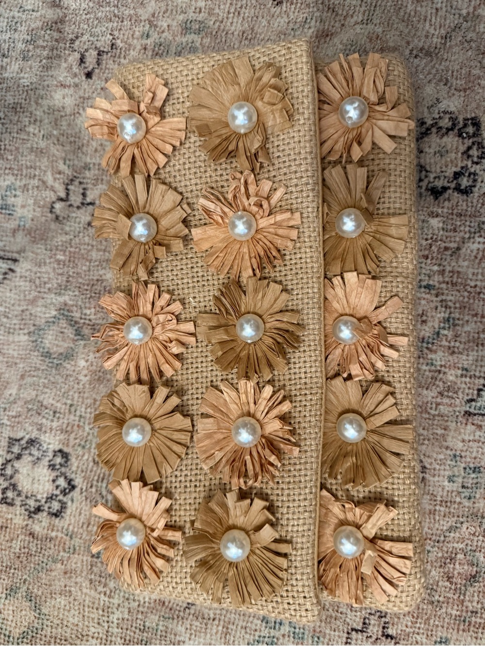 Raffia Flower Pearl Clutch with Chain